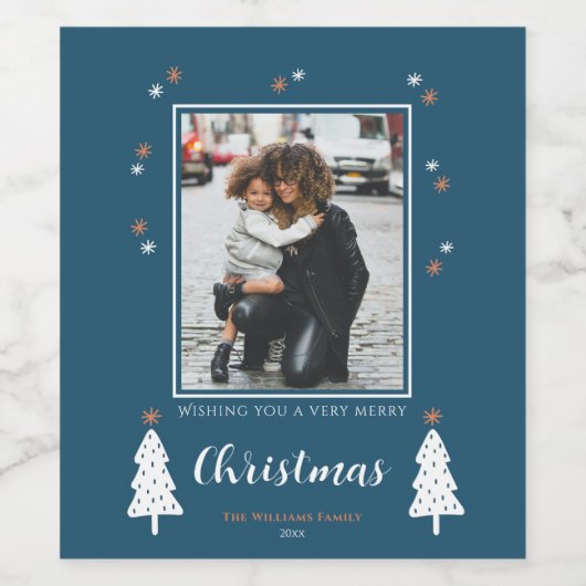 Zeer prettige kerstdoodle Trees Moderne Foto Wijn Etiket (Enkel label)