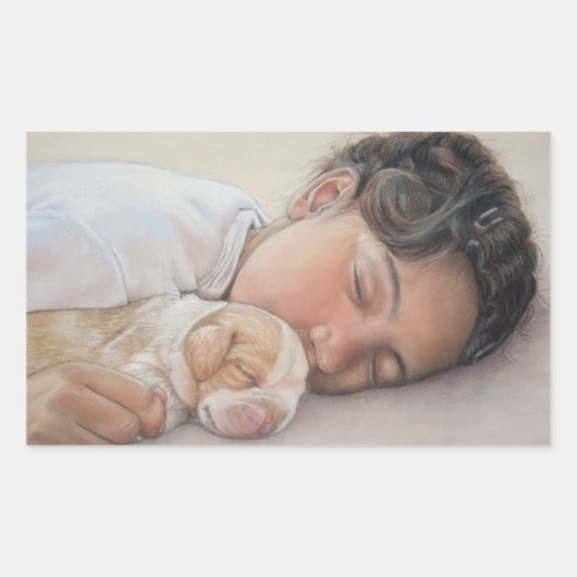 Zeer schattig afbeelding van kind en beagle puppy rechthoekige sticker (Voorkant)