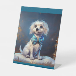 Zeer Schattige Hond Met Blauwe Vlinderdas Reclamebord Met Voetstuk