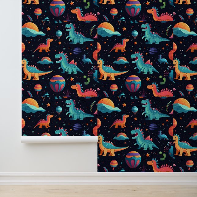 Zeer Schattigee dinosaurussen in de ruimte Behang (Applicatie)