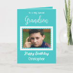 Zeer speciale Grandson foto turquoise jarig Kaart<br><div class="desc">Voor een heel bijzondere kleinzoon. Gelukkige verjaardag. Voeg een naam en een foto toe. Turquoise en wit.</div>