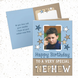 Zeer speciale neefje bruine foto verjaardag kaart
