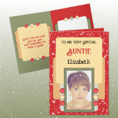 Zeer speciale tante voegt foto rood toe kaart