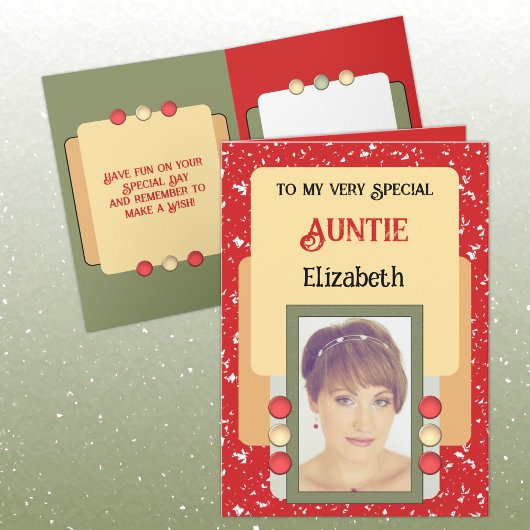 Zeer speciale tante voegt foto rood toe kaart