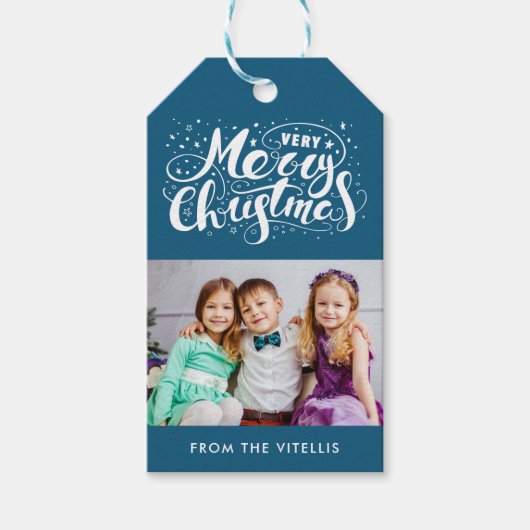 Zeer Vrolijk Kerst Foto Gift Labels | Blauw Cadeaulabel (Voorkant)