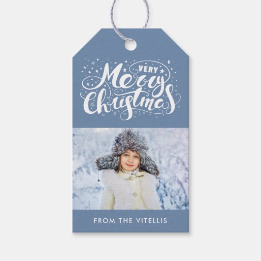 Zeer Vrolijk Kerst Foto Gift Labels | leisteen bla Cadeaulabel (Voorkant)