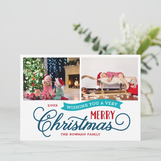 Zeer vrolijk kerstscript 2 foto feestdagenkaart (Staand voorkant)