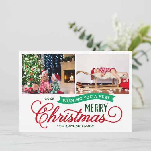 Zeer vrolijk kerstscript 2 foto feestdagenkaart (Staand voorkant)