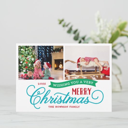 Zeer vrolijk kerstscript 2 foto feestdagenkaart (Staand voorkant)