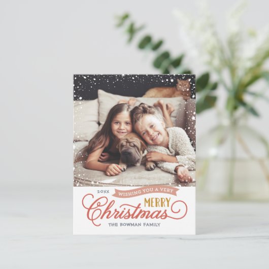 Zeer vrolijk kerstscript fotograaf feestdagenkaart (Staand voorkant)