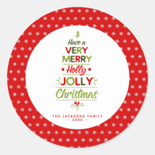 Zeer vrolijke hulst kerstboom met aangepaste tekst ronde sticker
