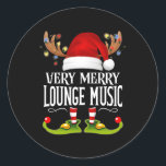 Zeer vrolijke X-Mas Lounge Muziek Ronde Sticker<br><div class="desc">Ervaar de levendige essentie van het vakantieseizoen met onze feestelijke loungemuziek,  perfect gemaakt om een vrolijke sfeer te creëer voor uw kerstvieringen.</div>