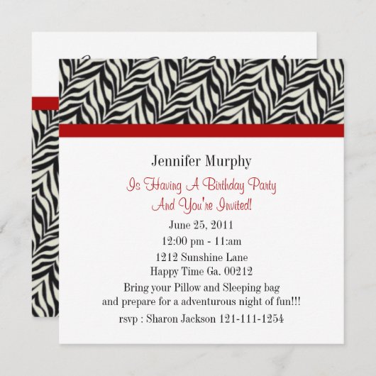 Zeerdag feestelijke uitnodigingen Zebra Print (Voorkant / Achterkant)