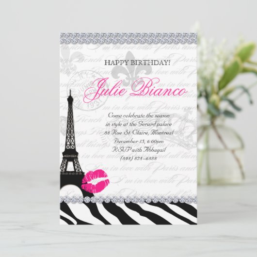 Zees Birthday Party Paris Kaart Eiffel Tower Zebra (Staand voorkant)