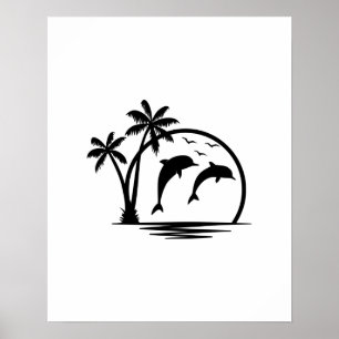 Zeescape Dolphin Jumping Palm Tree Ocean Poster