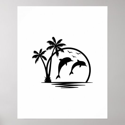 Zeescape Dolphin Jumping Palm Tree Ocean Poster (Voorkant)