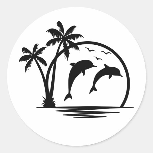 Zeescape Dolphin Jumping Palm Tree Ocean Ronde Sticker (Voorkant)