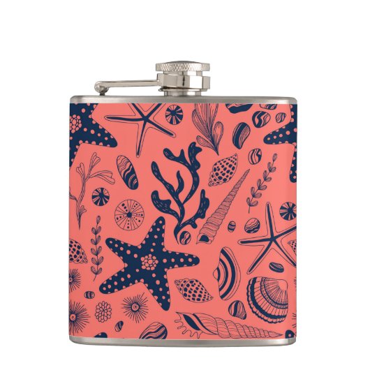 Zeeschalen levende koraalachtergrond heupfles (Voorkant)