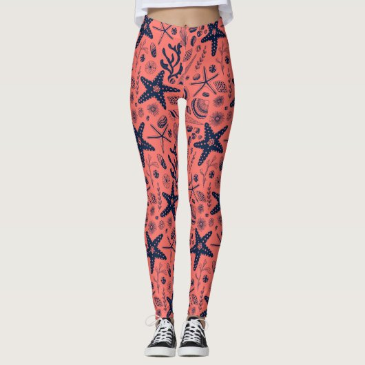 Zeeschalen levende koraalachtergrond leggings (Voorkant)