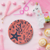 Zeeschalen levende koraalachtergrond papieren bordje (Feest)