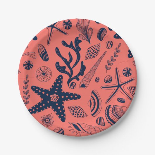 Zeeschalen levende koraalachtergrond papieren bordje (Voorkant)