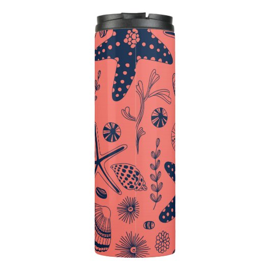 Zeeschalen levende koraalachtergrond thermosbeker (Achterkant)