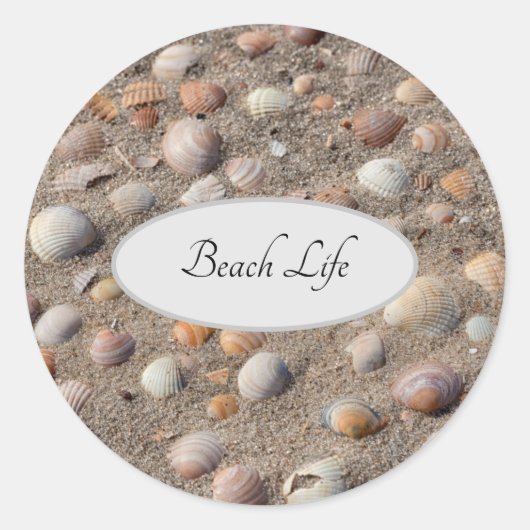 Zeeschalen op de strandfoto met Beach life text Ronde Sticker (Voorkant)