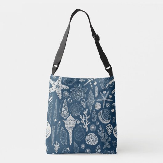 Zeeschalen op donkerblauw crossbody tas (Achterkant)
