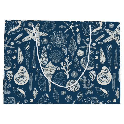 Zeeschalen op donkerblauw groot cadeauzakje (Achterkant)