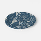 Zeeschalen op donkerblauw papieren bordje (Gekanteld)