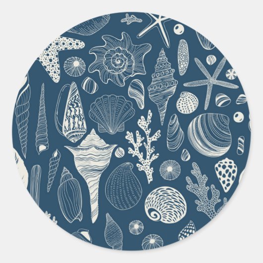 Zeeschalen op donkerblauw ronde sticker (Voorkant)