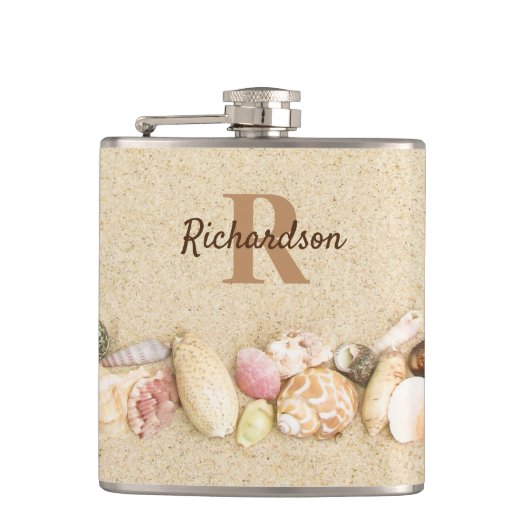 Zeeschalen strand Monogram Kustgebied Heupfles (Voorkant)