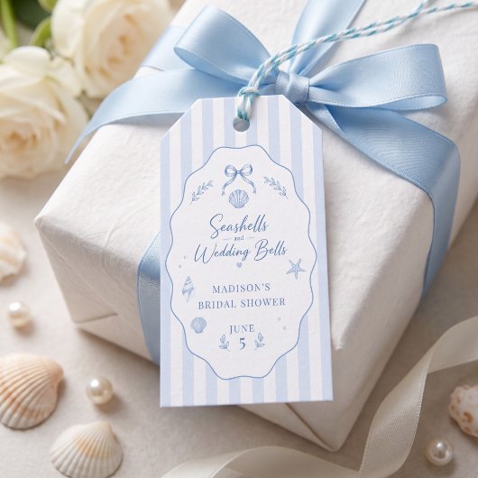 Zeeschelp Bruiloft Feest Blauwe Gestreepte Strik Cadeaulabel