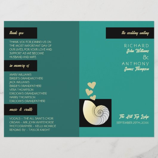 Zeeschelp en harten, Beach bruiloft programma (Voorkant)