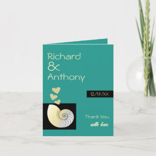 Zeeschelp en harten, strand bruiloft bedankkaart