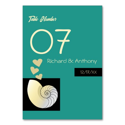 Zeeschelp en harten, strand bruiloft kaart (Voorkant)