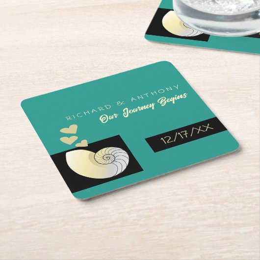 Zeeschelp en harten, strand bruiloft kartonnen onderzetters (Schuin)