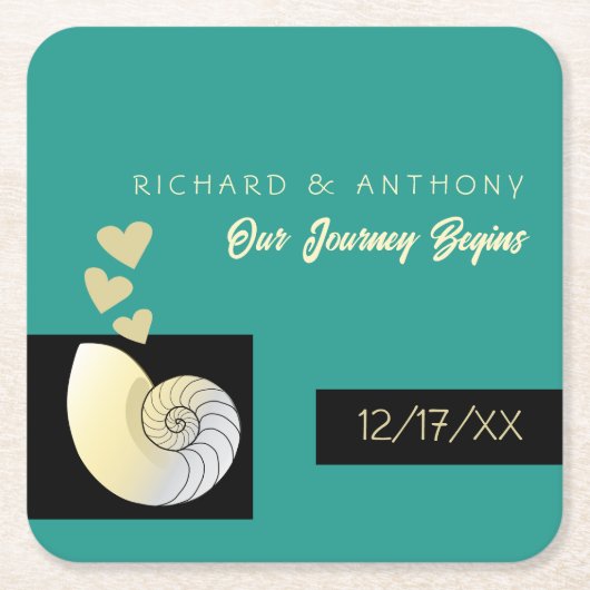 Zeeschelp en harten, strand bruiloft kartonnen onderzetters (Voorkant)