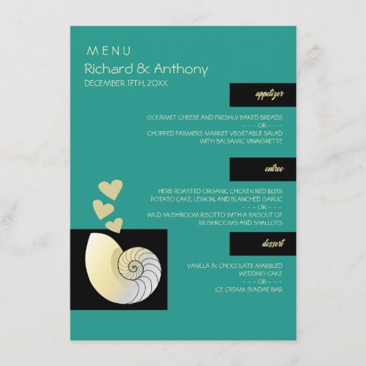 Zeeschelp en harten, strand bruiloft menu (Voorkant)