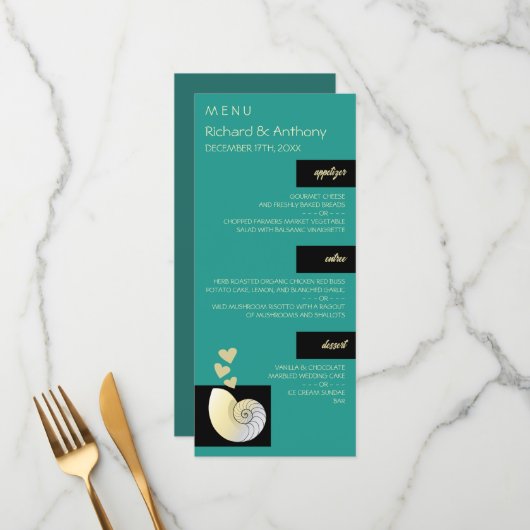 Zeeschelp en harten, strand bruiloft Menu (Voorkant / Achterkant in situ)