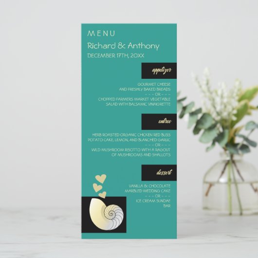 Zeeschelp en harten, strand bruiloft Menu (Staand voorkant)