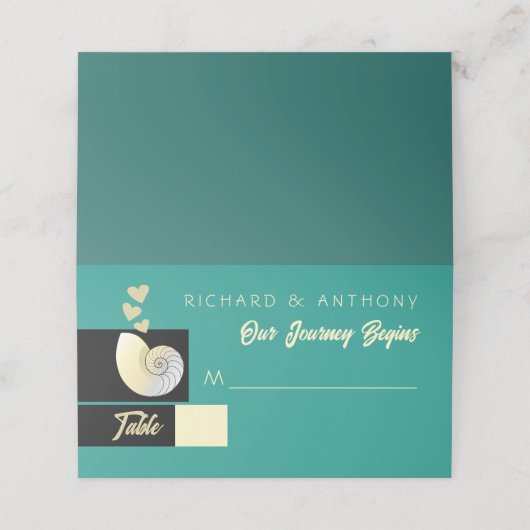 Zeeschelp en harten, strand bruiloft plaatskaartje (Buitenkant ongevouwen)