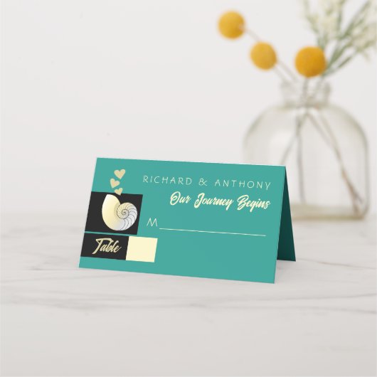 Zeeschelp en harten, strand bruiloft plaatskaartje (Voorkant)