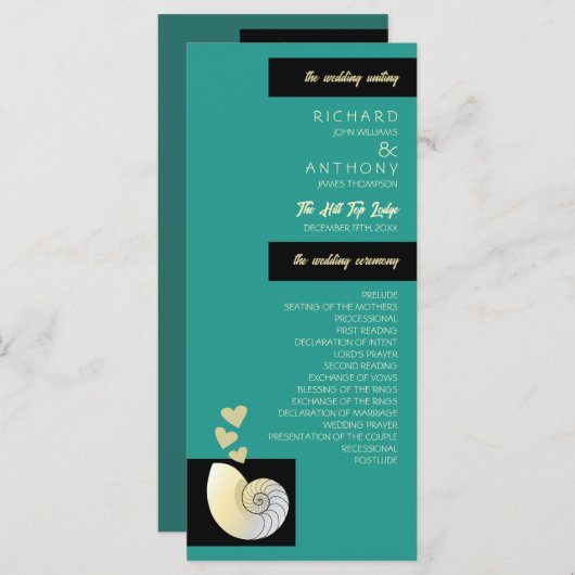 Zeeschelp en harten, strand bruiloft programmakaart (Voorkant / Achterkant)