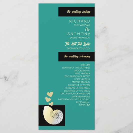 Zeeschelp en harten, strand bruiloft programmakaart (Voorkant)