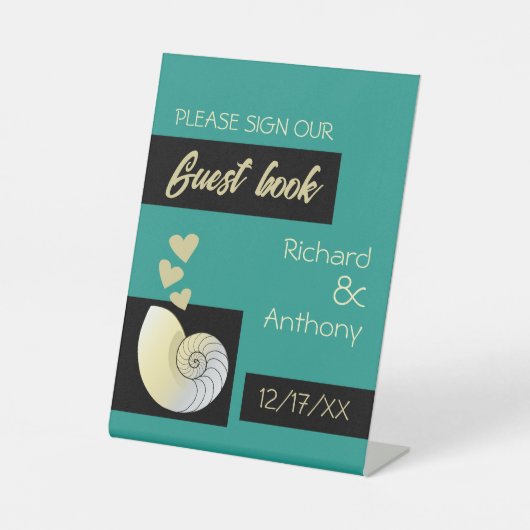 Zeeschelp en harten, strand bruiloft reclamebord met voetstuk (Voorkant)