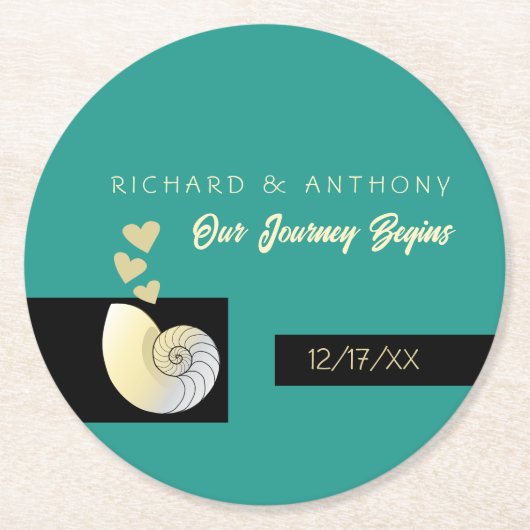 Zeeschelp en harten, strand bruiloft ronde kartonnen onderzetter (Voorkant)