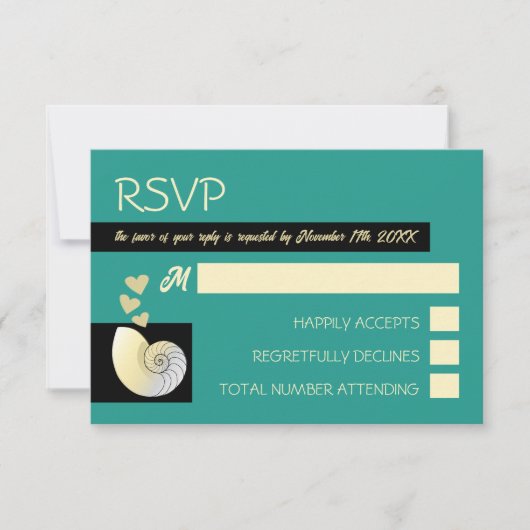 Zeeschelp en harten, strand bruiloft RSVP kaartje (Voorkant)