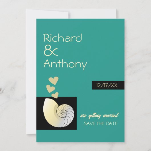 Zeeschelp en harten, strand bruiloft save the date (Voorkant)