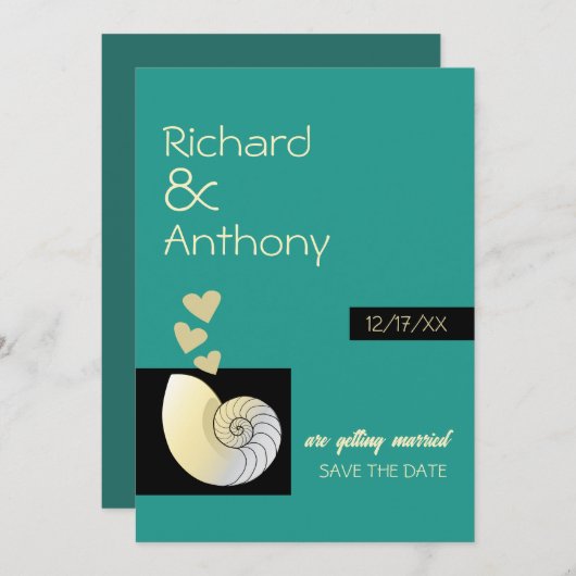 Zeeschelp en harten, strand bruiloft save the date (Voorkant / Achterkant)